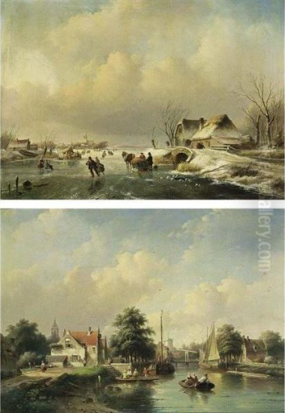Skaters On The Ice Near A 'koek En Zopie'; Villagers In A Boat On A Summer Day (a Pair) - view 1