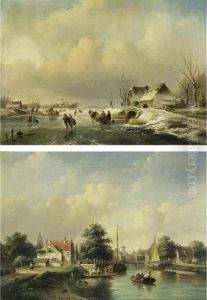 Skaters On The Ice Near A 'koek En Zopie'; Villagers In A Boat On A Summer Day (a Pair)