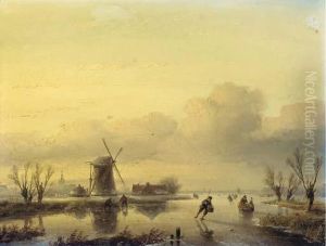 A Winter Landscape With Figures On A Frozen Waterway by Jan Jacob Coenraad Spohler