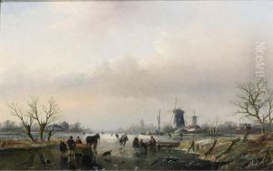 A Winter Landscape With Skaters On A Frozen River by Jan Jacob Coenraad Spohler
