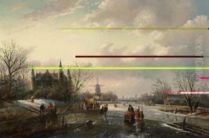 Skaters On The Ice Near A 'koek En Zopie' by Jan Jacob Coenraad Spohler
