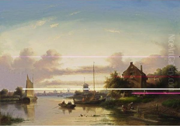 A River Landscape At Dusk, Haarlem In The Distance - view 1