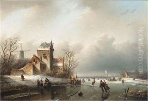 Skaters On A Frozen River, A 'koek And Zopie' Beyond by Jan Jacob Coenraad Spohler