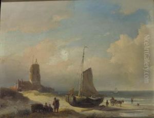 A Coastal View With Fisherfolk 
Resting On A Dunetop; A Frozenwaterway With Skaters And A Koek And Zopie
 Stand