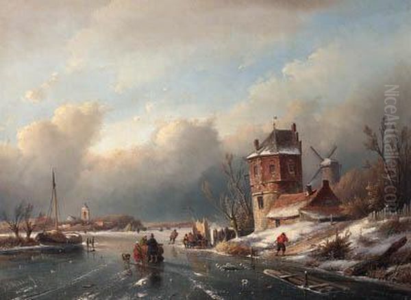 Winter Landscape With Skaters On
 The Ice, A Man Pushing A Sledgeand A Koek En Zopie-stand - view 1