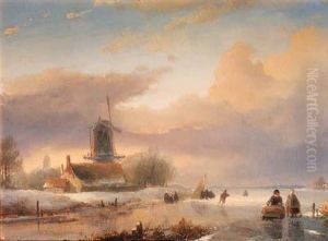 A Winter Landscape With Skaters Near A Koek-en-zopie
