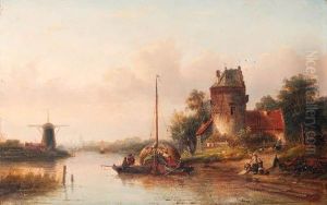 A River Landscape In Summer With A Moored Haybarge By A Fortifiedfarmhouse