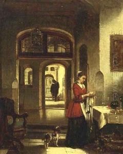 A girl laying the table by Johannes Anthonie Balthasar Stroebel