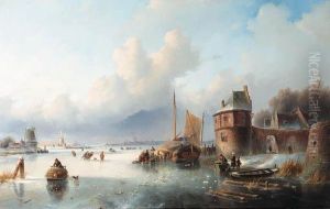 A Winter Landscape With Numerous Skaters On A Frozen Waterway,dordrecht In The Distance