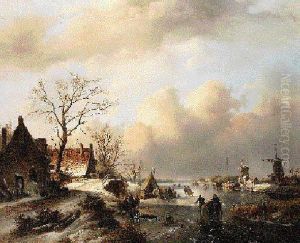 A Dutch Winter Landscape With Skaters On A Frozen River