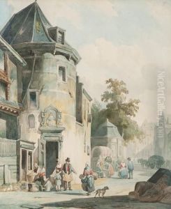Figures At The Foot Of A Tower With Threechatting Women By A Tilt Cart