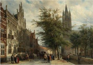 The Gemeenlandshuis And The Old Church, Delft, In Summer by Cornelis Springer