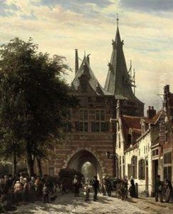 Numerous Townspeople In Front Of The Cellbroederspoort,kampen.