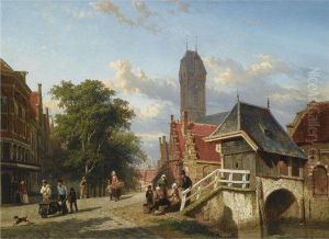 The Fishmarket And Bridge In Oudewater by Cornelis Springer