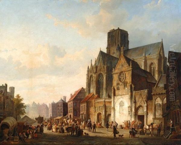 A View Of A City With Many Figures On A Church Square - view 1