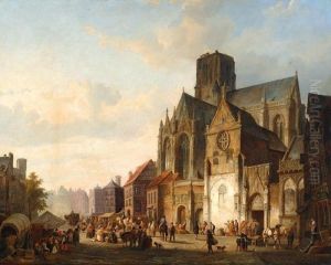 A View Of A City With Many Figures On A Church Square