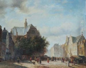 Dutch Market Town With Numerous Figures by Cornelis Springer