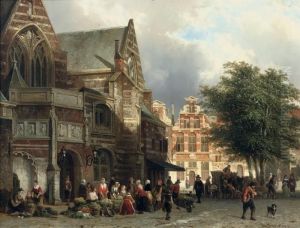 A Busy Market Day In Front Of The Oude Kerk, Amsterdam by Cornelis Springer