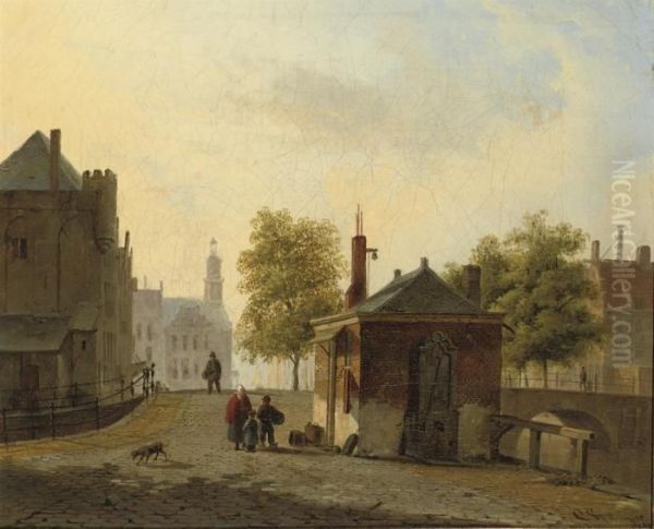 Townspeople In A Sunlit Dutch City Street - view 1