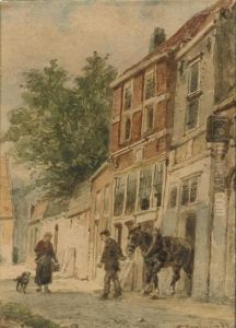 Figures On A Sunlit Street, Culemborg by Cornelis Springer