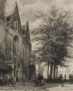 Elegant Townspeople In Front Of The The St. Joseph Church, Hameln