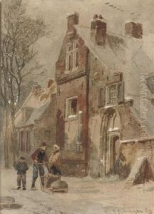 Figures On A Snow-covered Street, Hasselt by Cornelis Springer