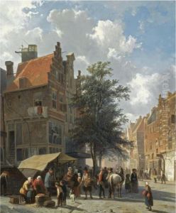 Market Scene In The Sunlit Streets Of A Dutch Town by Cornelis Springer