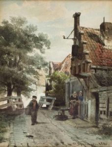 Hollandische Dorfstrasse Mit Figuren by Cornelis Springer