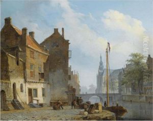Figures On A Quay In A Dutch Town by Cornelis Springer