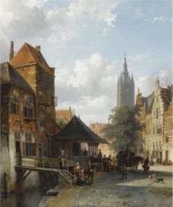 Figures At The Fish Market In Delft by Cornelis Springer