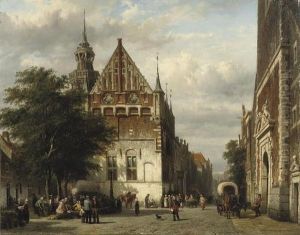 A Busy Market In Front Of The 
Town Hall, Kampen, With The Entrance Of The Nieuwe Toren On The Right