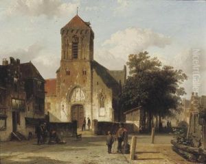 Stadsgezicht Met Bidkapel: Villagers Conversing In A Sunlit Street by Cornelis Springer