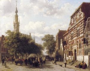 A Busy Market In Veere With The Bell-tower Of The Town Hall Beyond