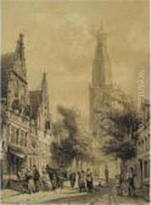 Figures In The Westerstraat With The Westerkerk In The Distance, Enkhuizen by Cornelis Springer