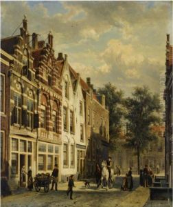Figures In The Sunlit Streets Of A Dutch Town by Cornelis Springer