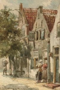 Chatting In A Doorway, Monnikendam by Cornelis Springer