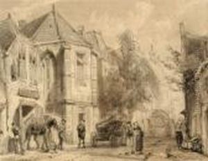 Many Figures In A Small Street In Oudewater by Cornelis Springer