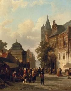 A Busy Market In A Dutch Town by Cornelis Springer