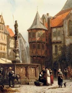 Marketday In Front Of The Town Hall Of Hildesheim by Cornelis Springer