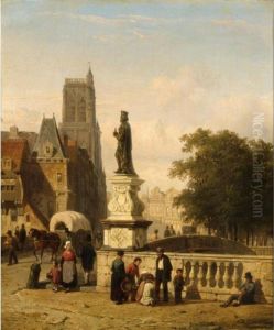 A View Of A Town In Summer With Town Folk Near A Bridge