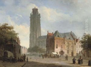 A Sunlit Townsquare With A Cathedral In The Distance