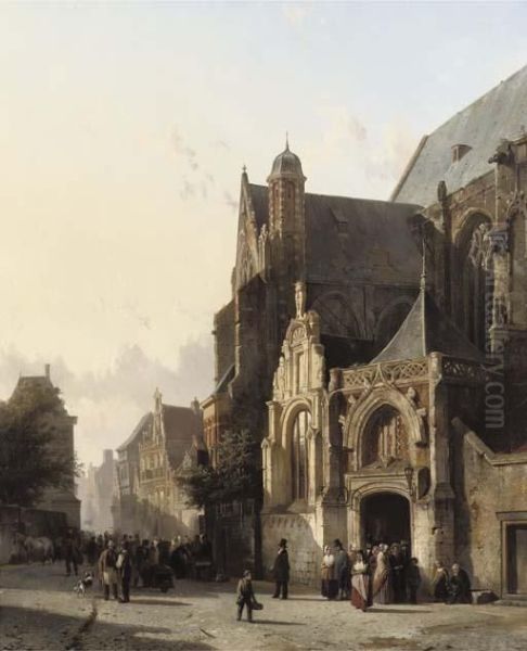 Numerous Figures Leaving Church In A Sunlit Street - view 1