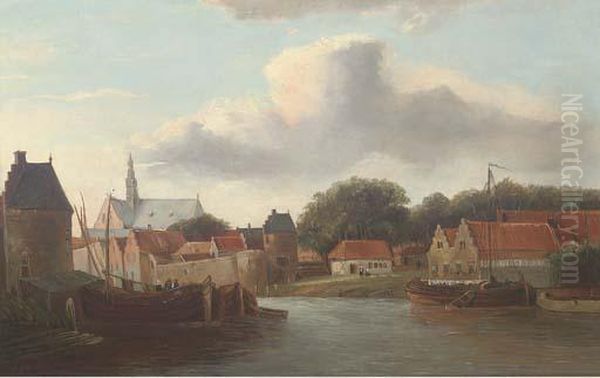 A Dutch River Town With Barges - view 1