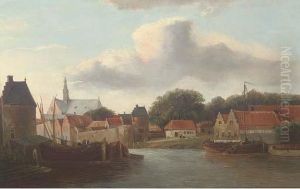 A Dutch River Town With Barges by Cornelis Springer