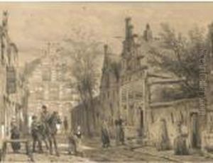 Enkhuizen: A Streetscene In The Dutch Town Of Enkhuizen by Cornelis Springer