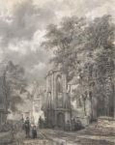 Asperen: A Town View With Figures By A Church by Cornelis Springer