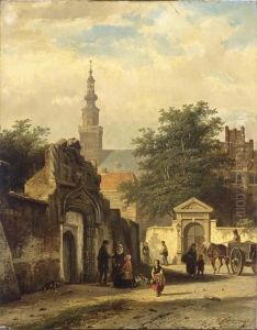 Figures In The Sunlit Streets Of A Dutch Town by Cornelis Springer