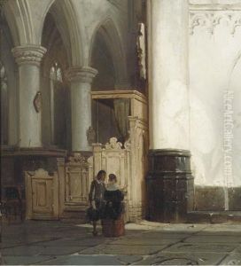 Church Interior With An Elegant Couple by Cornelis Springer