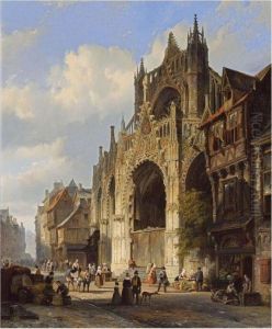 A Market In Front Of St. Maclou Cathedral, Rouen