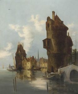 River Traffic Off A Dutch Town